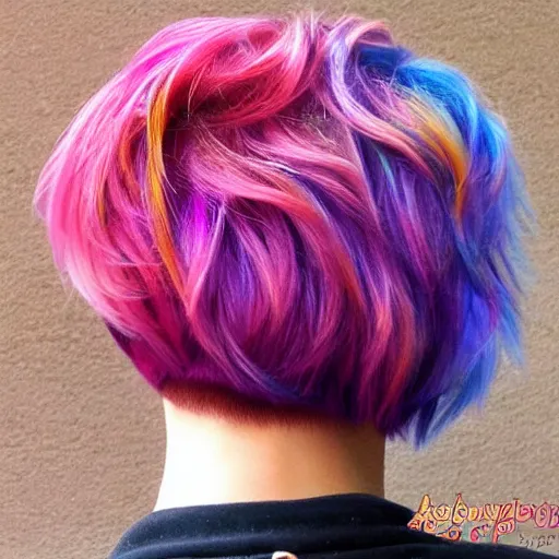 Prompt: a psychedelic short hair cut, very colorful, close up, view from the back, photo