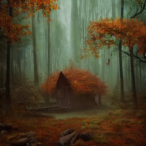 Image similar to shamans hut in an autumn forest, green and brown tones, by Aron Wiesenfeld and beksincki, cinematic, detailed illustration, nature, fog, dark colors, suspense, intricate, 8k