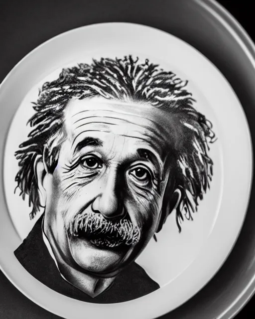 Image similar to a portrait of albert einstein sitting at the dining table with a plate containing namkeen in front of him, highly detailed, trending on artstation, bokeh, 9 0 mm, f / 1. 4