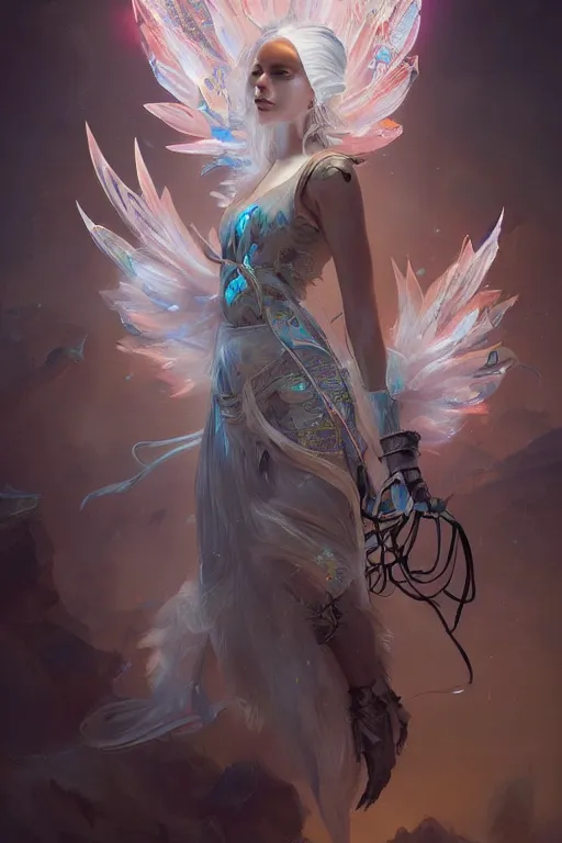 Image similar to beautiful model wearing ice feathers, diamonds, angel, fantasy, dramatic lighting, highly detailed, digital painting, holding electricity, magic the gathering, hyper detailed, 3 d render, hyper realistic detailed portrait, peter mohrbacher, wlop, ruan jia