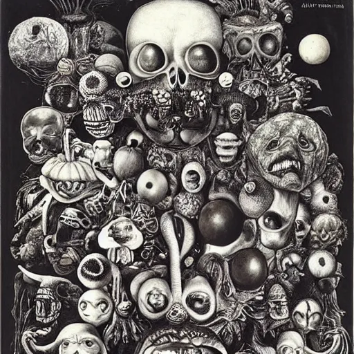 Image similar to black, white, orange album cover, aliens, psychedelic, giuseppe arcimboldo