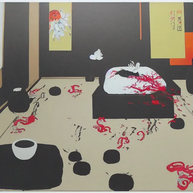 Prompt: japanese bedroom room with black walls, sensual portrait of a woman sleeping, cracked handmade pottery vase, white flowers on the floor, puddle of water, octopus, squashed berries, neo - expressionism, surrealism, acrylic and spray paint and oilstick on canvas