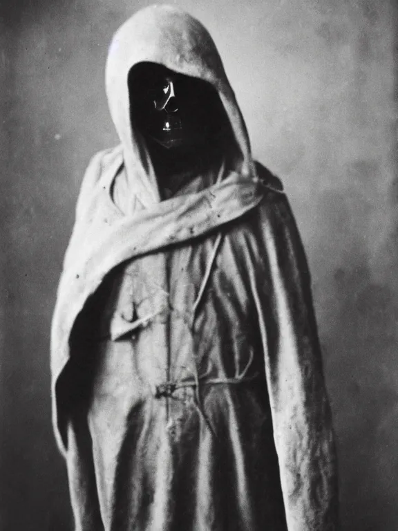 Image similar to portrait of faceless grim reaper with covered face and bright glowing eyes, ww1 photo, grainy, high detail, high resolution,