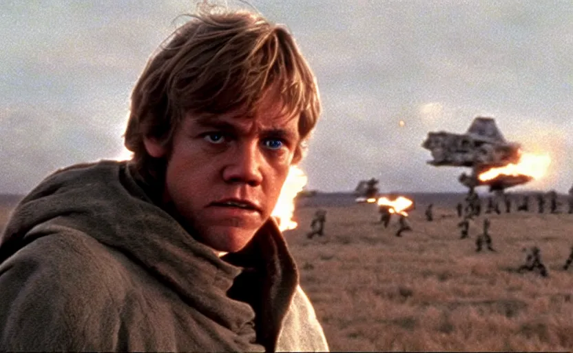 Prompt: screenshot portrait of Luke Skywalker in a windy fiery battlefield with scattered parts of destroyed AT-AT walkers, with young jedi army behind him, iconic scene from 1970s film by Stanley Kubrick, last jedi, 4k HD, cinematic lighting, beautiful portrait of Mark Hammill, moody scene, stunning cinematography, anamorphic lenses, kodak color film stock