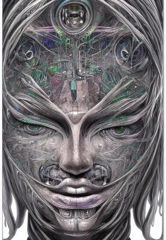 Image similar to perfectly centered portrait, front view of a beautiful biomechanical cyberpunk alien android robot buddha, female, flowing hair, intense stare, sarcastic smile, symmetrical, concept art, intricate detail, volumetric shadows and lighting, realistic oil painting by alex grey and h. r giger,