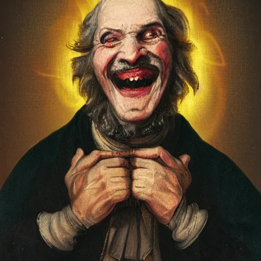 Prompt: baroque portrait of a old fantasy priest, unwashed, laughing, glowing eyes, crazed