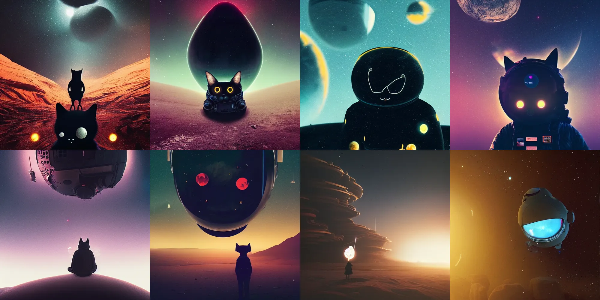 Image similar to beautiful dark landscape, a black cat dressed as an astronaut, in the style of beeple and Mike Winkelmann, intricate, epic lighting, cinematic composition, hyper realistic, 8k resolution,