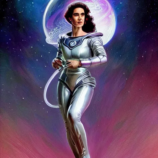Prompt: Jennifer Connelly as a stunning , beautiful retro SCI-FI space heroine 1985 , movie poster, intricate, elegant, highly detailed, centered, digital painting, trending on artstation, concept art, smooth, sharp focus, illustration, art by artgerm and donato giancola and Joseph Christian Leyendecker, Ross Tran, WLOP