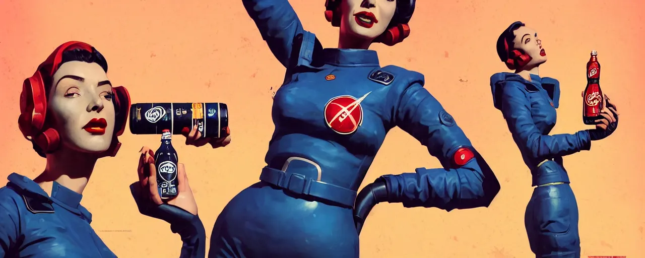 Image similar to duotone noir concept illustration 3 / 4 portrait of vintage female fallout 4 model in retro space suit advertising bottles nuka cola. accidental renaissance. by sachin teng and sergey kolesov and ruan jia and heng z. graffiti art, scifi, fantasy, hyper detailed. octane render. concept art. trending on artstation