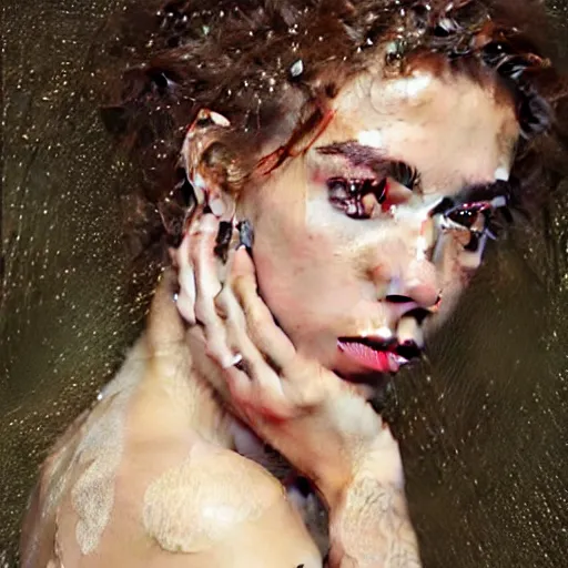 Image similar to stunning photo of vanessa kirby, dark - haired goddess with tears running down her face,, a beautiful closeup, wet lips, perfect eyes, insanely detailed, elegant, by mucha, wlop, rutkowski, livia prima