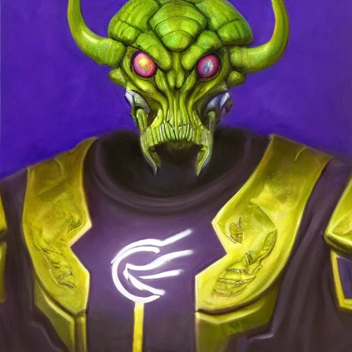 Image similar to full body portrait of a zerg overmind from star craft as the dictator of the los angeles lakers in full military garb, oil on canvas by william sidney mount, trending on artstation