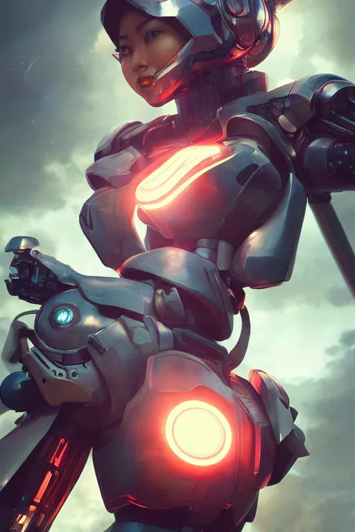 Prompt: a young attractive Asian woman piloting a mecha, dramatic pose, chrome and LEDs, highly detailed, photorealistic, volumetric lighting, digital art, octane render, in the style of Artgerm and Tom Bagshaw