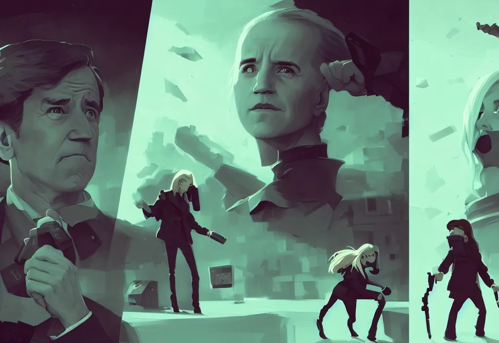 Prompt: joe biden vs emma watson, epic debates during presidental elections, cnn, fox news, agitation poster, fantasy, by atey ghailan, by greg rutkowski, by greg tocchini, by james gilleard, by joe gb fenton, dynamic lighting, gradient light green, brown, blonde cream, salad and white colors in scheme, grunge aesthetic