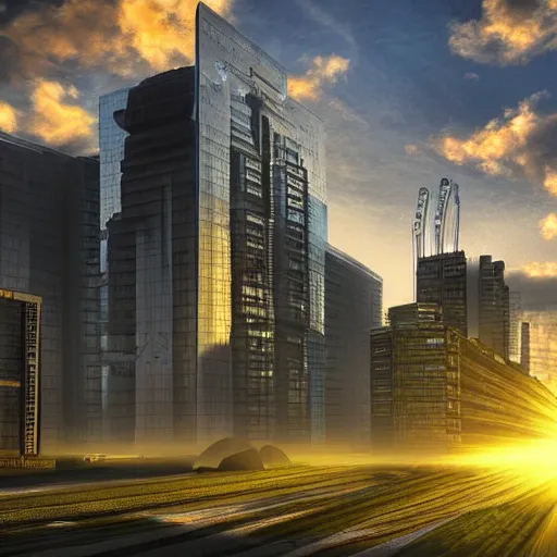 Prompt: photo of a futuristic solarpunk city, ground level, sunset, hdr god rays