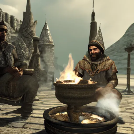 Prompt: people smoking hookah in whiterun, skyrim, elder scrolls, 8 k, ultra realism, old paints, 4 k, highly detailed