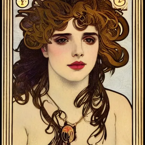 Image similar to emma roberts portrait by louis - theophile hingre and alphonse mucha, realistic, sharp focus, zodiac signs, tarot cards, planets, ethereal, art nouveau, magic, moon, sun, crown, dreamy, royal, jewellery