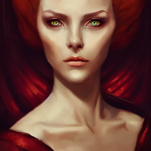 Image similar to a detailed matte head - on portrait painting of an middle - aged tiefling elegant and distinguished noblewoman with golden eyes and short long flowing red hair, by charlie bowater, lise deharme, wlop, tending on arstation, dungeons and dragon, dnd, pathfinder, fanart, oil on canvas