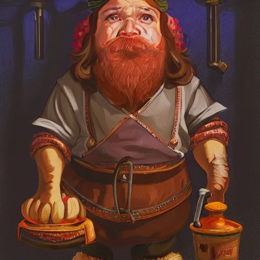 Prompt: dwarf tavern keeper by casey weldon and martine johana, rich colors, intricate, elegant, highly detailed, centered, digital painting, artstation, concept art, smooth, sharp focus, illustration