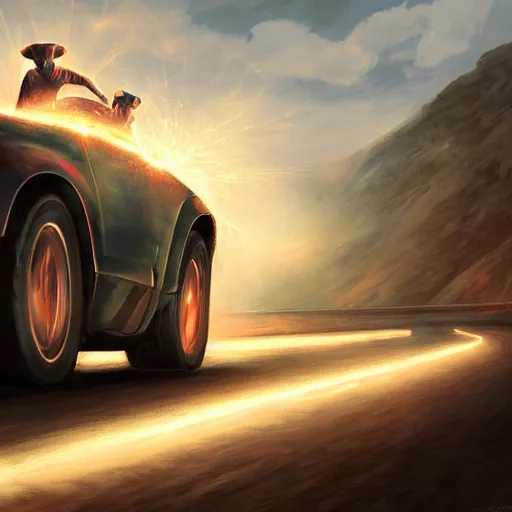 Prompt: Giant head of david copperfield with four wheels, running fast on a californian highway, digital painting, 4k, rays of light, particles light, kuvshinov ilya