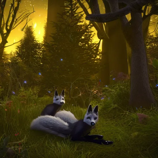 Image similar to second life in game screenshot of black foxes cuddling next to each other in a beautiful fantasy forest lit with fireflies, 3 d render, octane engine, unreal engine 4, 4 k screenshot