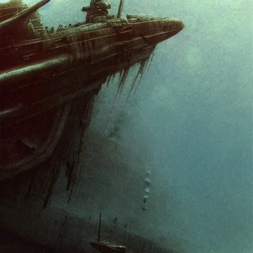 Prompt: underwater rover footage of shipwrecked soviet submarine dark fantasy, intricate, smooth, artstation, Wayne Barlowe, zdislav beksinski