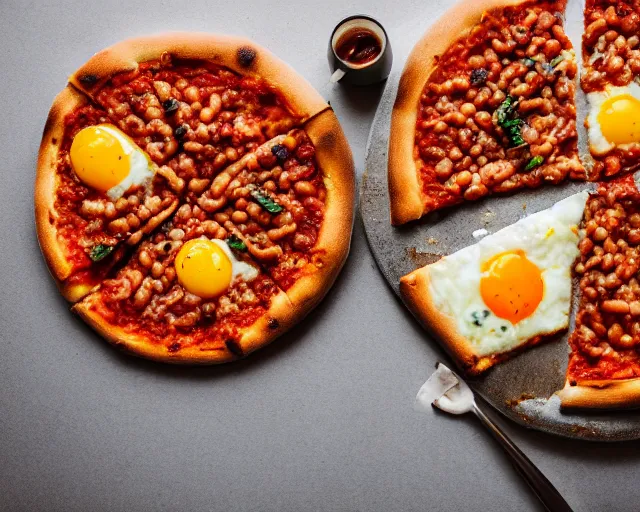 Prompt: dslr food photograph of a mouthwatering pizza with baked beans and egg on, 8 5 mm f 1. 4