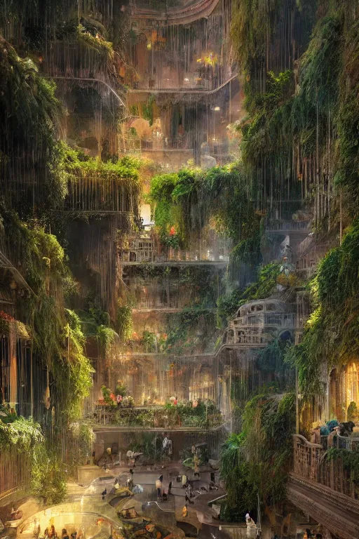 Image similar to magnificent view of the hanging gardens of babylon, intricate, elegant, volumetric lighting, digital painting, highly detailed, artstation, sharp focus, illustration, concept art, ruan jia, steve mccurry