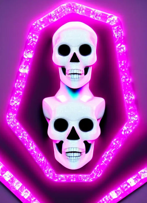 Image similar to photo of fullbodied baroque and bladerunner delicate neon diamond sculpture of seductive onyx albino marble prince kai harvatz dotado pink iridescent skull psychedelic, reclining, glowing magenta face, crown of white diamonds, cinematic lighting, photorealistic, octane render 8 k depth of field 3 d