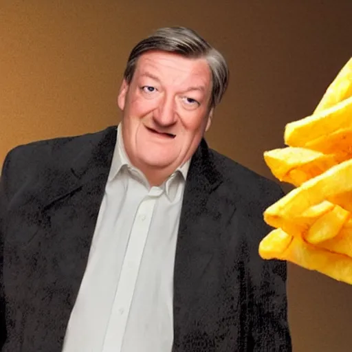 Image similar to photo of [ a single salted french fry chip ] shaped like that looks like stephen fry as a pixar character hybrid intercross mix cinematic lighting