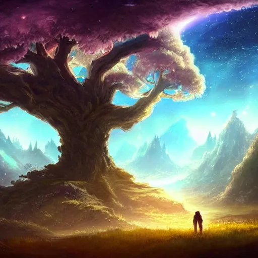 Image similar to a beautiful scenary of a fantasy world below a legendary yggdrasil tree with the background of a milky way, artstationHD, digital painting, hyper detail, elegant, cinematic, epic lighting, very very very very beautiful scenery, smooth, sharp focus