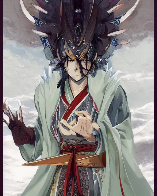 Image similar to an anime portrait of nicol bolas as a beautiful man wearing a kimono from skyrim, by stanley artgerm lau, wlop, rossdraws, james jean, andrei riabovitchev, marc simonetti, and sakimichan, trending on artstation