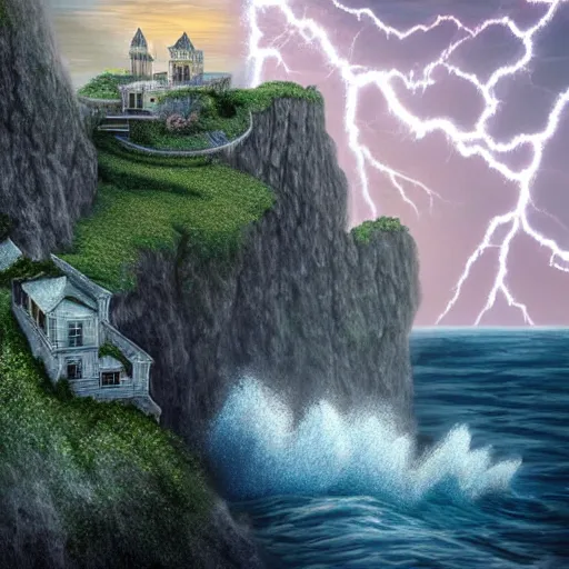 Image similar to Ultra Realistic Hyper detailed Fantasy view of a Haunted Mansion overlooking the cliffs edge where ocean waves are crashing during a lightning storm