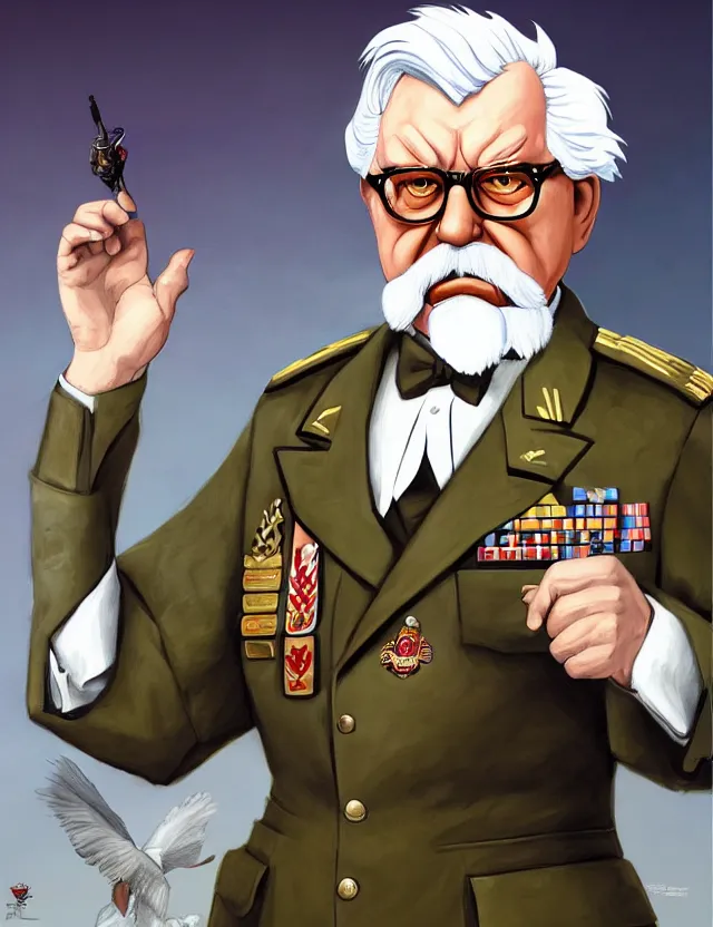 Image similar to a portrait of colonel sanders as a military dictator, by moebius and tyler edlin and hr giger, trending on artstation, digital art, 4 k resolution, detailed, high quality, sharp focus, hq artwork, coherent, insane detail, concept art