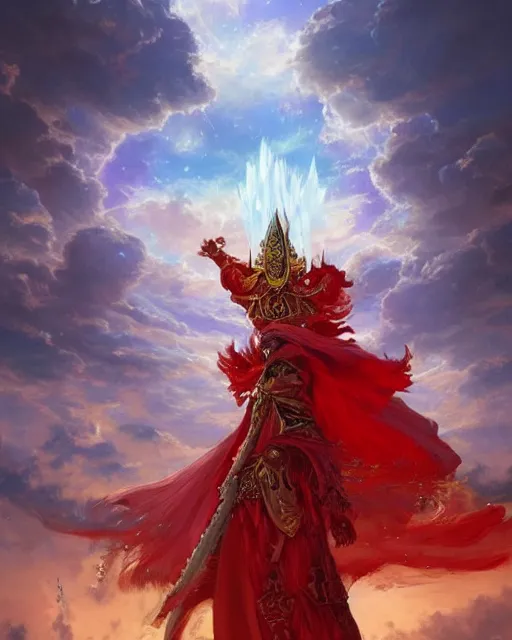 Image similar to A Full View of a Red Mage wearing magical ornate armor and a feathered hat surrounded by an epic cloudscape. Magus. Red Wizard. Fantasy Illustration. masterpiece. 4k digital illustration. by Ruan Jia and Mandy Jurgens and Artgerm and greg rutkowski and Alexander Tsaruk and WLOP and Range Murata, award winning, Artstation, art nouveau aesthetic, Alphonse Mucha background, intricate details, realistic, panoramic view, Hyperdetailed, 8k resolution, intricate art nouveau