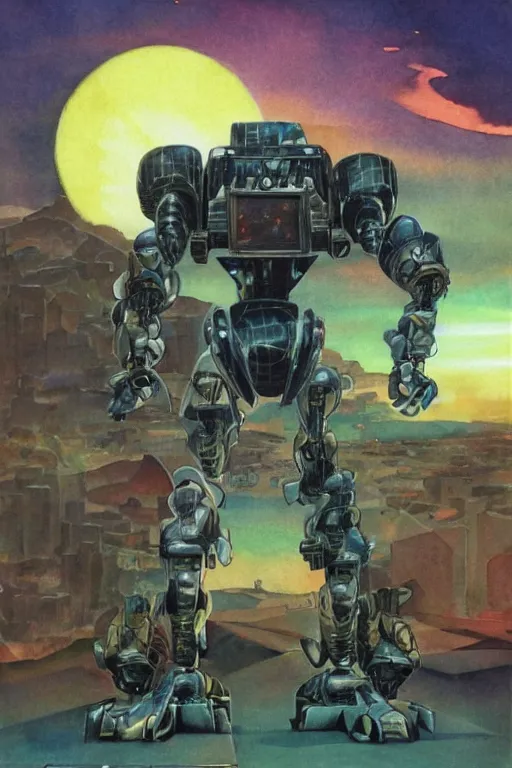 Image similar to inorganic battle robot, art by frank hampson and shawn mcmanus, trending on artstation, vaporwave, photorealistic, watercolor painting, manga