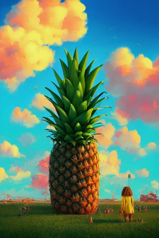Image similar to closeup, giant pineapple head, girl surrounded by djungle, surreal photography, golden hour, colorful clouds, impressionist painting, digital painting, artstation, simon stalenhag