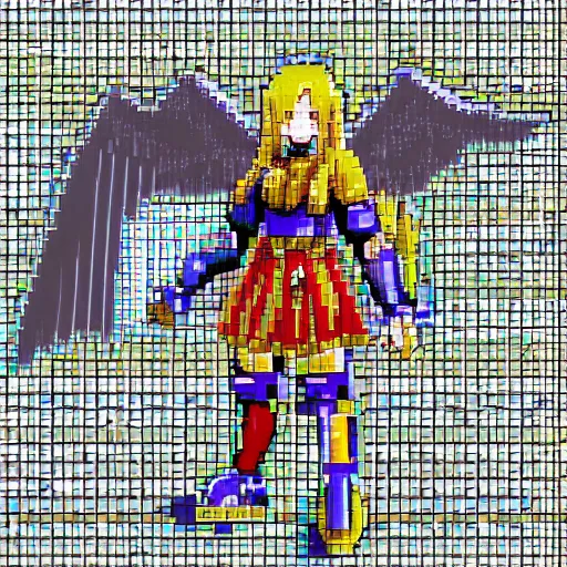 Prompt: an angel, super nintendo game sprite, symetric, pixelate, barroque grey armor, seraphin like