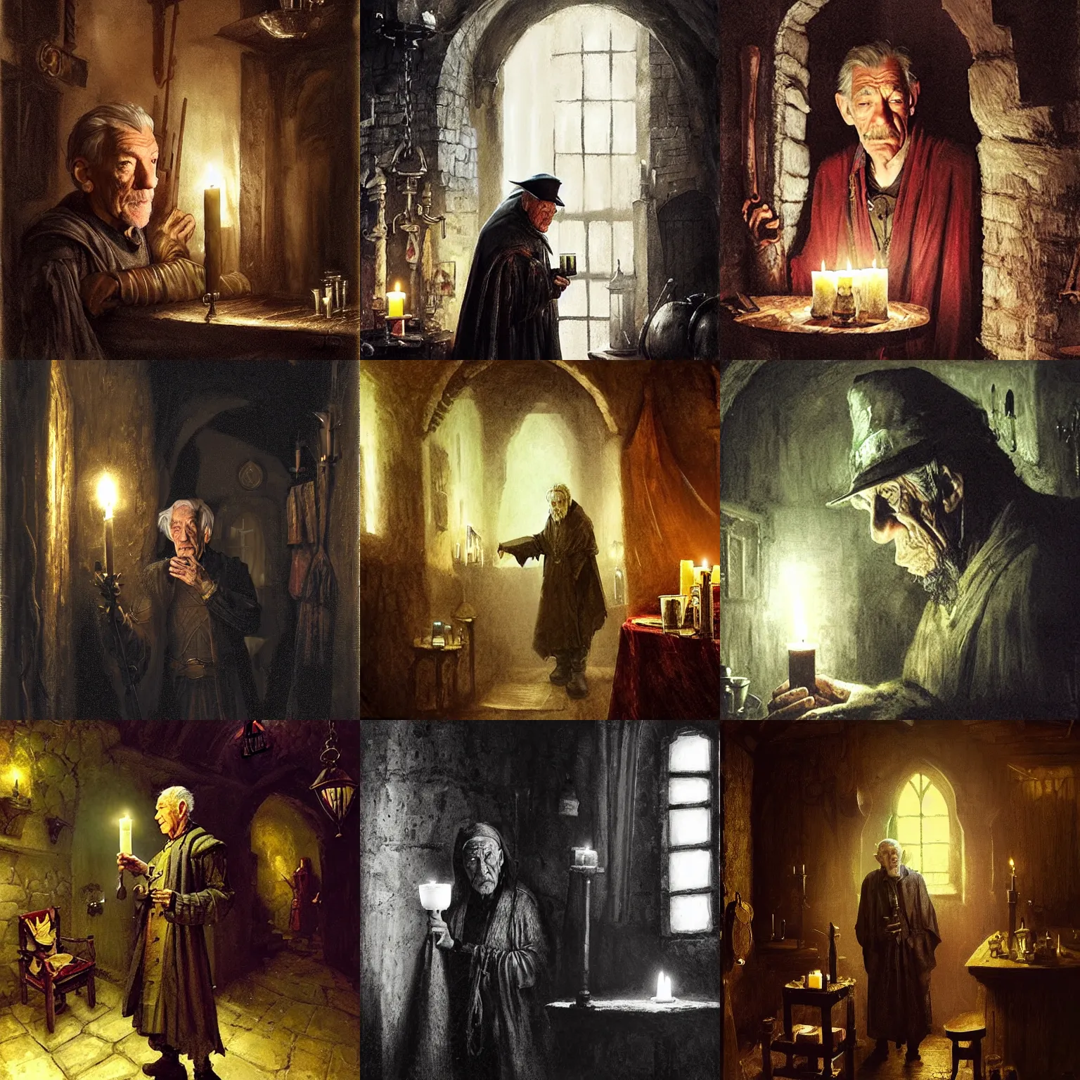 Prompt: skinny, cautious, paranoid 7 0 years old alchemist ( ian mckellen with a goatee ), looks around in a dark medieval inn. close up, dark shadows, colorful, candle light, law contrasts, fantasy concept art by jakub rozalski, jan matejko, and j. dickenson