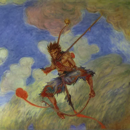 Image similar to Sun Wukong vs god, Journey to the west, 4k, art by Claude Monet