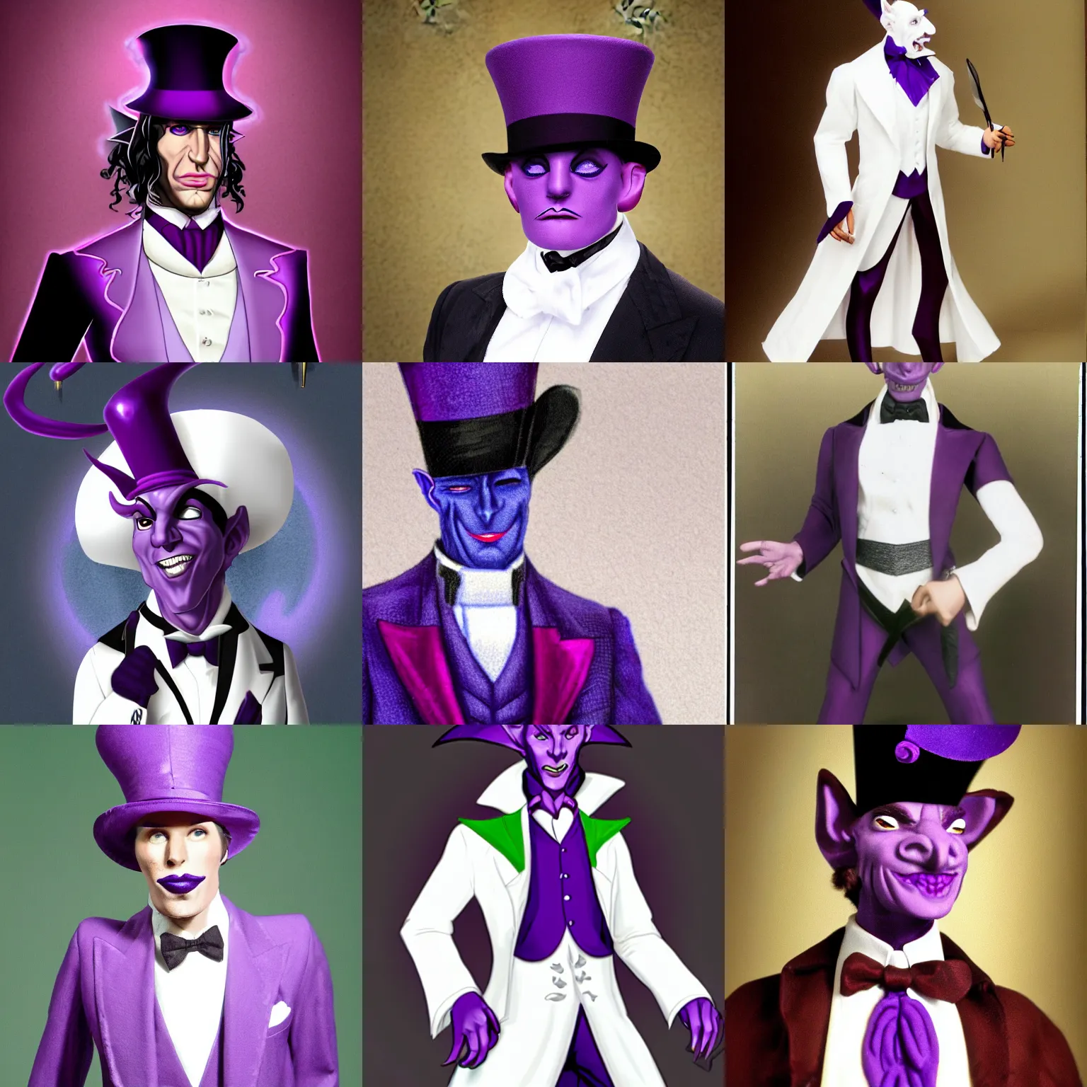 Prompt: a purple skinned tiefling wearing a white suit and tophat, purple skin, goatee