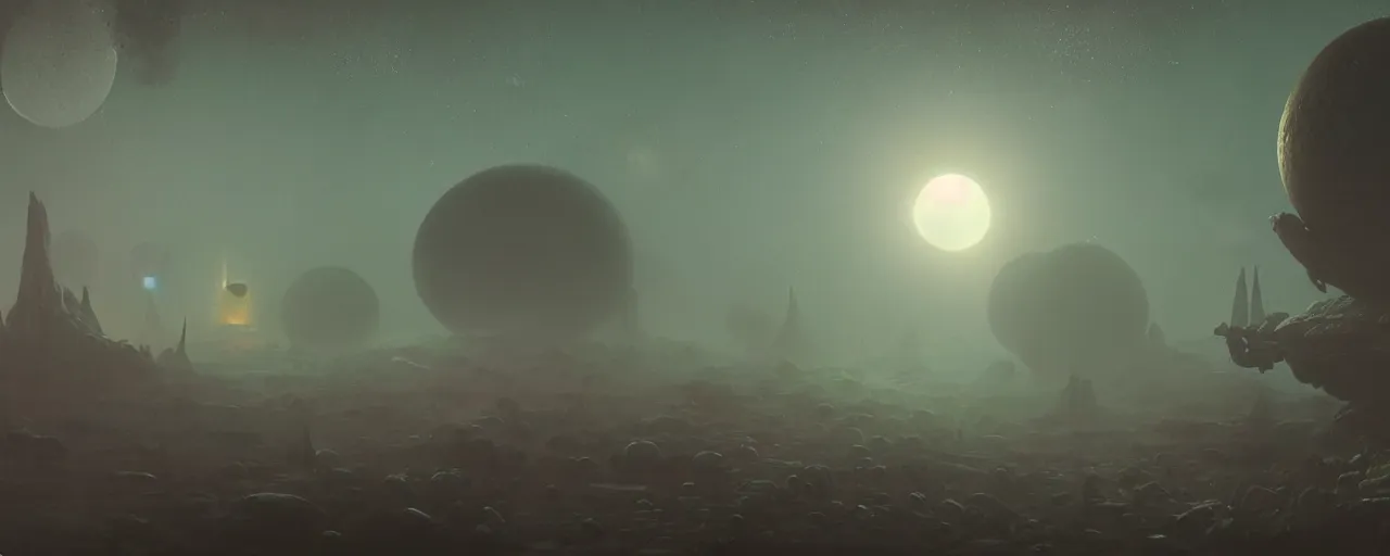 Image similar to ” outer planet with thick fog and alien artefacts, [ cinematic, detailed, epic, widescreen, opening, establishing, mattepainting, photorealistic, realistic textures, octane render, art by paul lehr ] ”