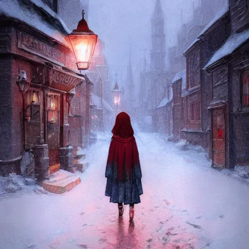 Image similar to girl in red cloak walks through snowy town by lamplight, detailed intricate ink illustration, dark atmosphere, detailed illustration, hd, 4k, digital art, overdetailed art, concept art, by greg rutkowski, by loish, complementing colors, Trending on artstation, deviantart