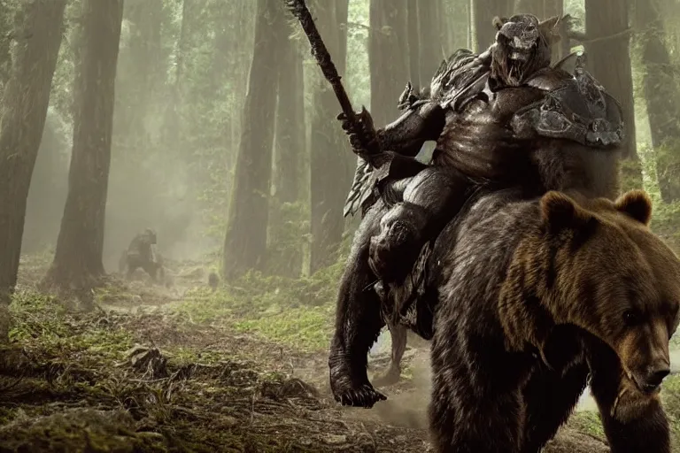 Image similar to vfx movie closeup detailed ancient armored warrior orc hunting riding large bear in the forest, natural lighting by emmanuel lubezki