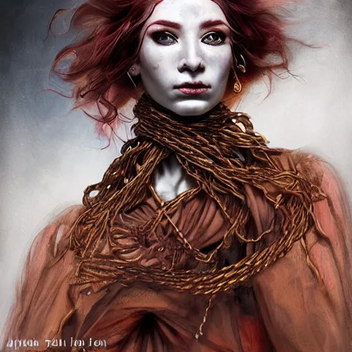 Image similar to portrait of a Shibari rope wrapped face and neck, headshot, insanely nice professional hair style, dramatic hair color, digital painting, of a old 15th century, old cyborg merchant, amber jewels, baroque, ornate clothing, scifi, realistic, hyperdetailed, chiaroscuro, concept art, art by Franz Hals and Jon Foster and Ayami Kojima and Amano and Karol Bak,