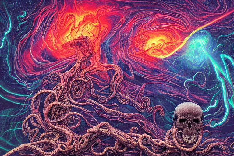 Image similar to a giant skull and flesh creature with deep and intricate rune carvings and glowing eyes and twisting lovecraftian tentacles emerging from a space nebula by dan mumford, twirling smoke trail, a twisting vortex of dying galaxies, digital art, photorealistic, vivid colors, highly detailed, intricate