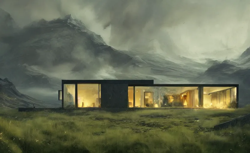 Prompt: An Exterior wide angle shot painting of a modern architecture house in the middle of a green icelandic valley, Greg Rutkowski and Craig Mullins, Cinematic and atmospheric lighting