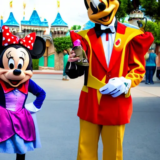 Image similar to high quality photo of a disneyland costumed character being rude to park guests, high definition