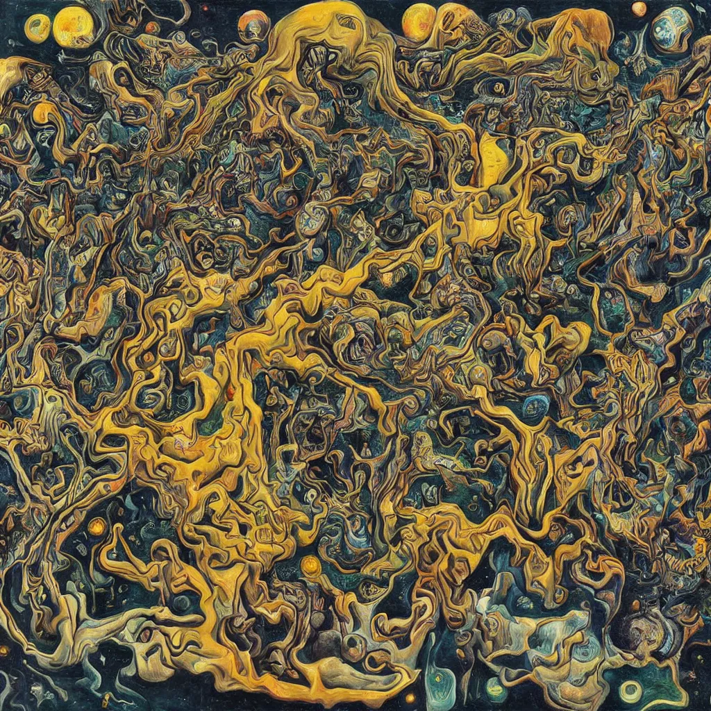 Image similar to intergalactic psychonaut unholy gathering, 4K, by collaboration of M. C. Escher and Salvador Dali and Van Gogh