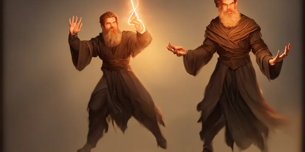 Image similar to a handsome bearded white male sorcerer in his study books every where, he is casting a spells coming from his hands. brown hair, epic composition, hands hidden, waist up, trending on artstation, concept art,