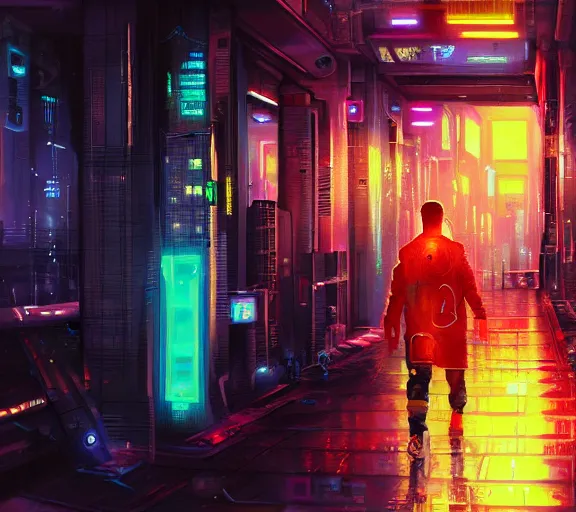 Image similar to a painting of a cyberpunk netrunner, street level